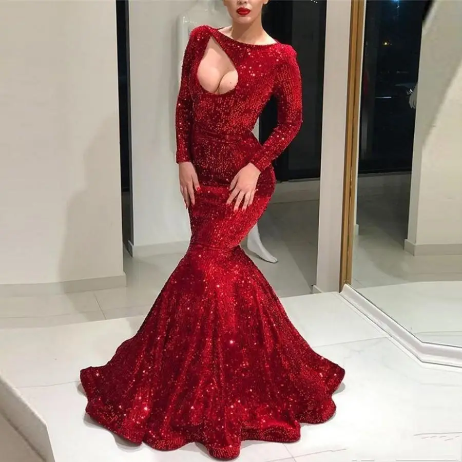 

Sequined Prom Gown Sexy robe de soiree Mermaid Evening Gowns Long Sleeves Formal Dress Stunning Custom Made vestido madrinha