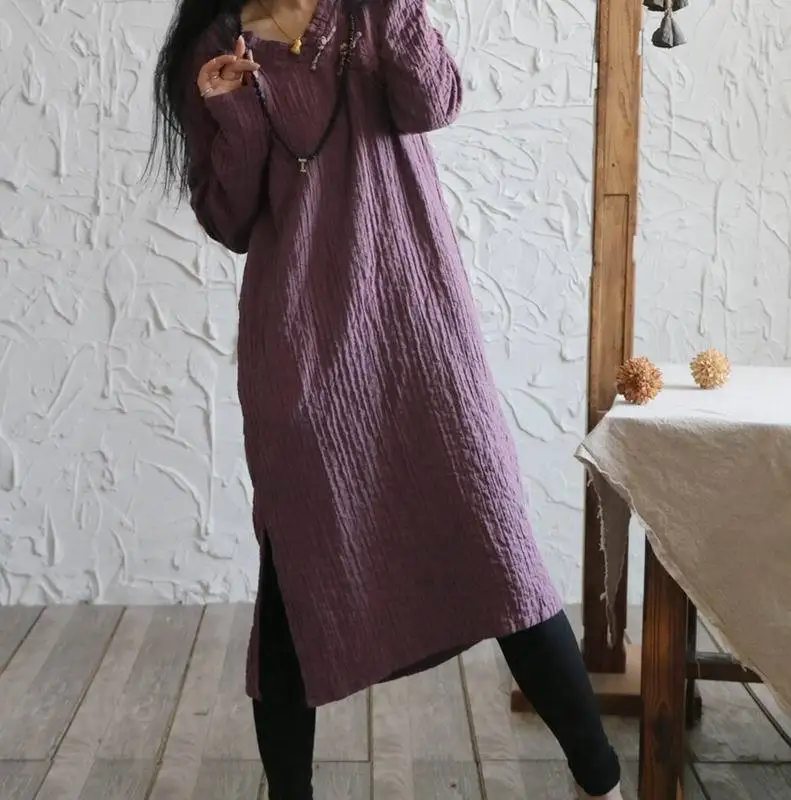 

YoYiKamomo Women dress big size autumn retro buttons solid color long sleeve vintage casual loose robe women