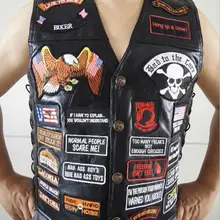 Мужская черная натуральная кожа мотоциклетный Жилет w/42 патчи флаг США Орел байкерские жилеты S-3XL