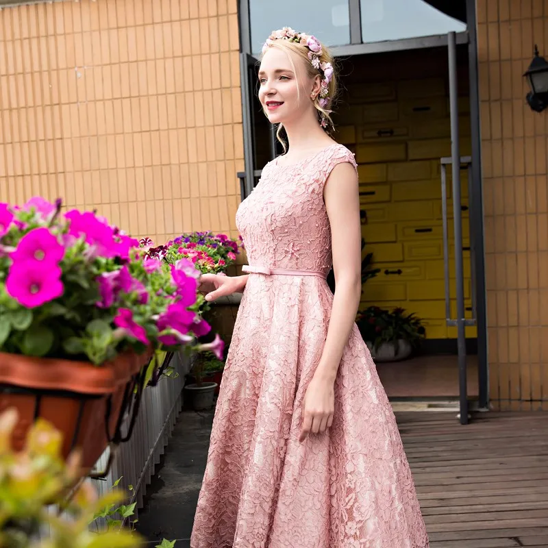 

Pink Lace Short Evening Dress 2019 Long robe de soiree Evening Party vestido de festa Homecoming Dresses Bateau Sleeveless