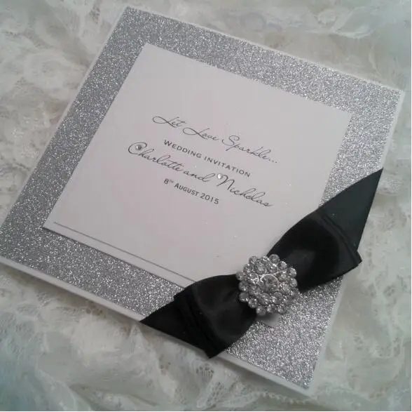  Handmade Glittering Wedding Invitation Cards with Satin Ribbon Bow and Silver Rhinestone CA0646 - 32761244500