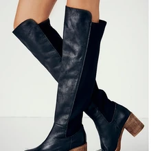 Женские кожаные и замшевые сапоги в стиле ретро; узкие сапоги до колена на толстом каблуке; натуральная кожа; цвет черный, коричневый, серый