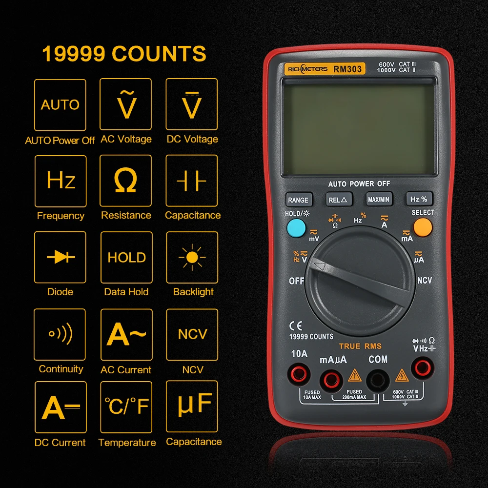 Цифровой мультиметр тестер RM303 True-RMS 19999 отсчетов Multimetro Авто ранг AC/DC Напряжение Амперметр Ток Ом Транзистор тестер