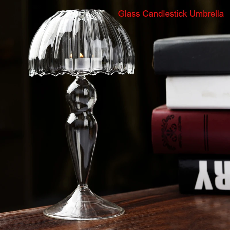 Fashion Transparent Glass Candlestick Umbrella Modern Luxury Candle Holders Glass Tealight Home