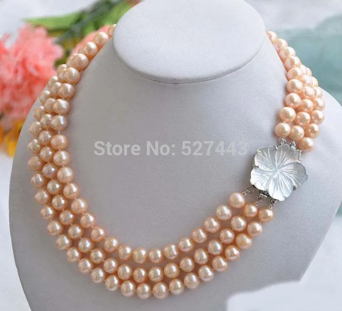 

Wholesale lP4292 3row 17-19" 8-9mm pink round FRESHWATER CULTURED pearl necklace A