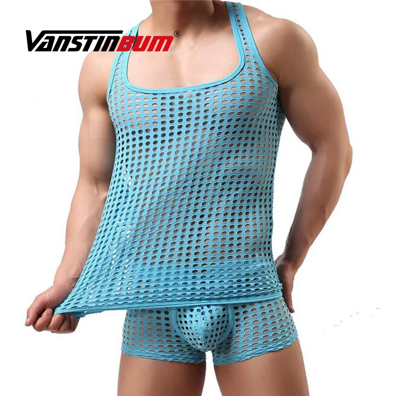 

VANSTINBUM Tank Tops Casual Mens Gyms Fitness Bodybuilding Vests Sexy Hollow Out Exotic Quick Dry Breathable Undershirt Lingerie