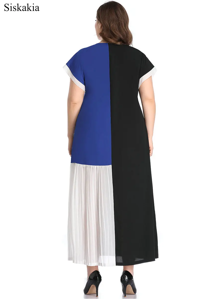 Siskakia Fashion Color Block Stitching Dress For Women Euro and American Round Neck Short Sleeve Big Size Female Dress Summer  (4)