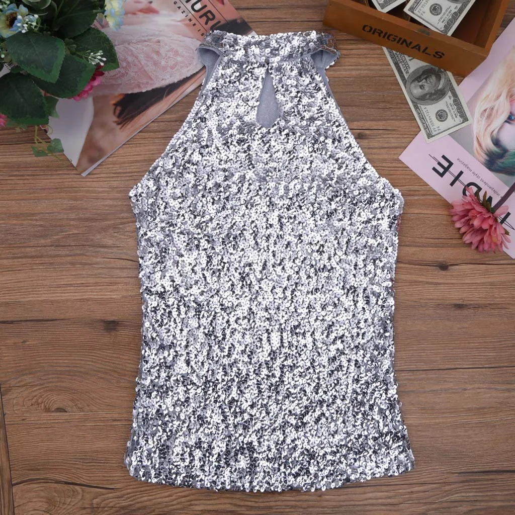 Summer Silver Sexy Tank Top Women Streetwear Sequin Bandage Tank Top Womens Clothing High Street Party Tops For Women - Цвет: Серебристый