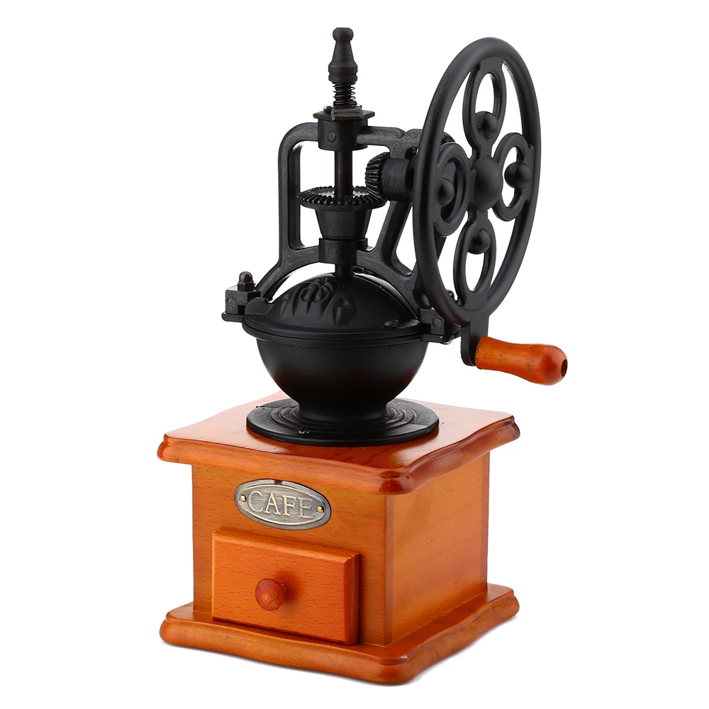  Retro Style Coffee Grinder Hand Grinding Machine Coffee Mills Hand-crank Roller with Ceramic Iron Burr Core and Wooden Drawer 