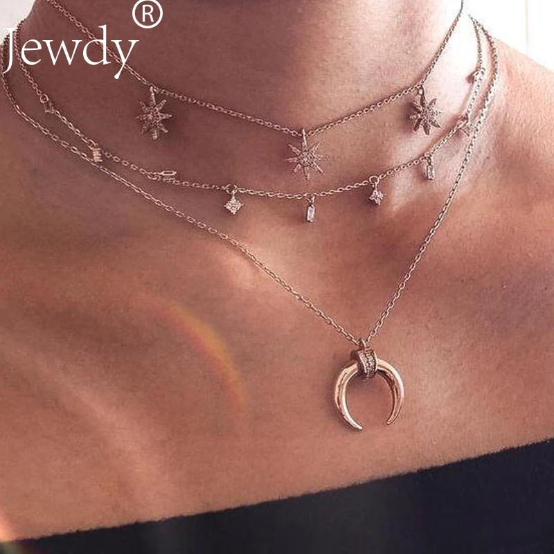 

Boho choker bohemian multi layer chokers set moon pendant necklaces for women Vintage crystal stone collier fashion jewelry