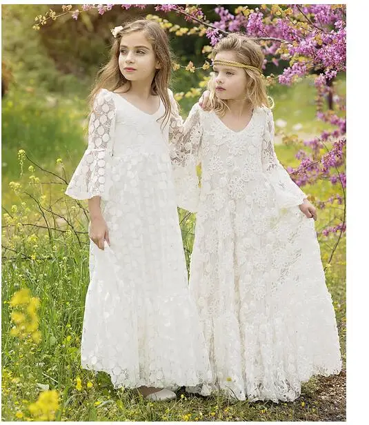 Girl's Formal Dress 2017 Flare Sleeve Flower Girls Princess Dresses V-Neck Kids Long Party Street Style Children's Lace Dress Girl's Formal Dress 2017 Flare Sleeve Flower Girls Princess Dresses V-Neck Kids Long Party Street Style Children's Lace Dress