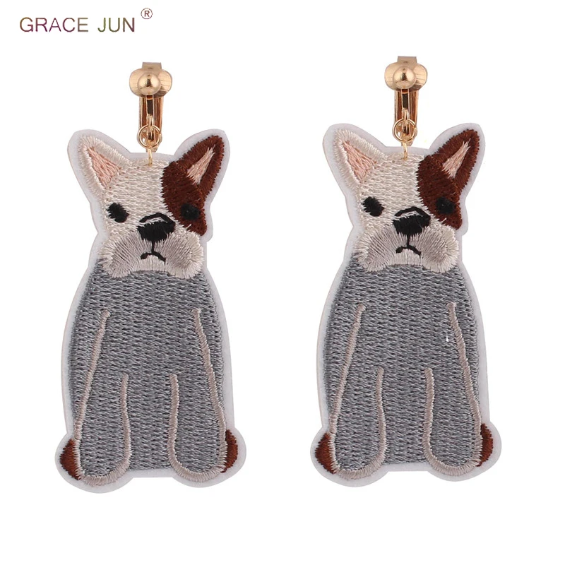 GRACE JUN New Handmade Embroidered Dog Shape Clip on Earring for Women