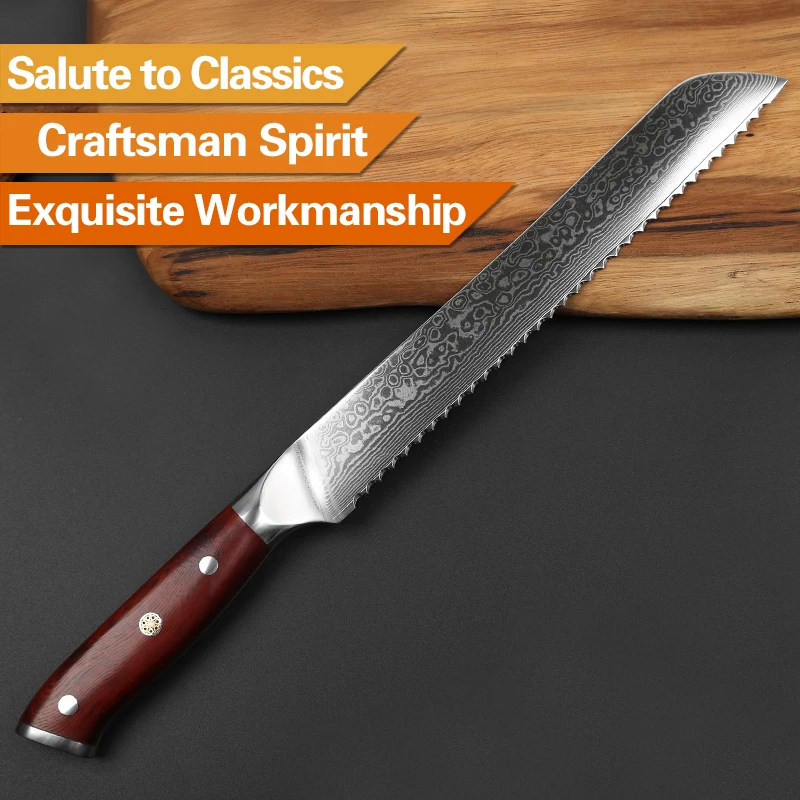 XINZUO 9'' inch Serrated Bread Knife Damascus Steel Rosewood Handle Kitchen Knives Brand High Quality Cake knife Cooking Tools XINZUO 9'' inch Serrated Bread Knife Damascus Steel Rosewood Handle Kitchen Knives Brand High Quality Cake knife Cooking Tools