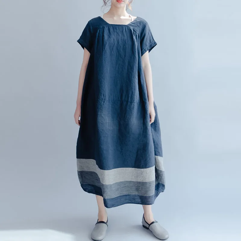 Women Patchwork Round Neck Loose Long Shirt Female Short Sleeve Cotton Dress Brief Vestido Pullover Oversize Baggy Party Kaftan Dresses