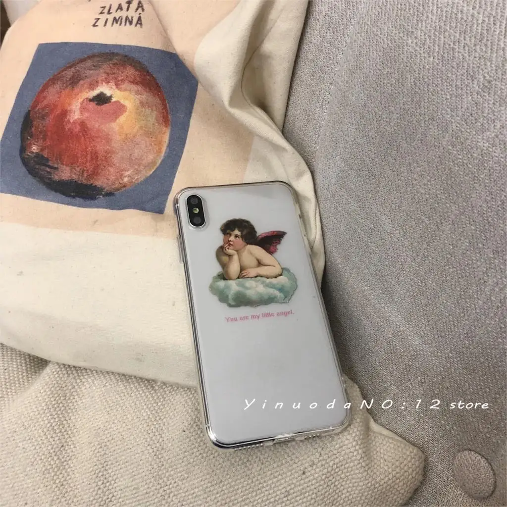 

Yinuoda Ultra HD transparent hollow Vintage oil painting style cute little angel "God bless you" phone case for iphone X XS 7 8