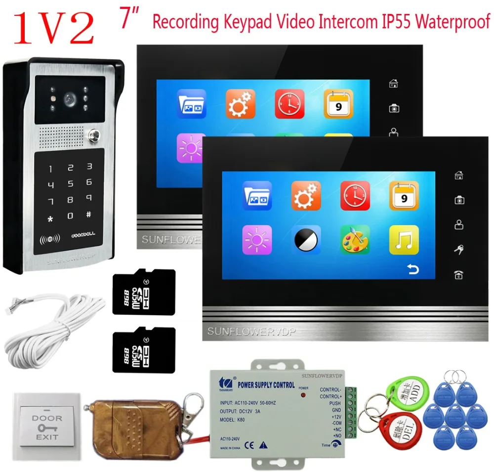 

8GB SD Card Video Intercom With Recording 2 Units 7" Color Monitor Rfid Keyboard Home Intercom Door Bell+Remote Control 1V2