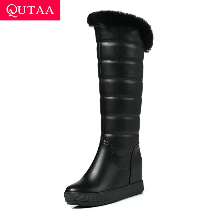 

QUTAA 2020 Soft PU Leather Wedge Heel Warm Fur Women Shoes Casual Round Toe Platform Winter Fashion Mid Calf Boots Size 34-40