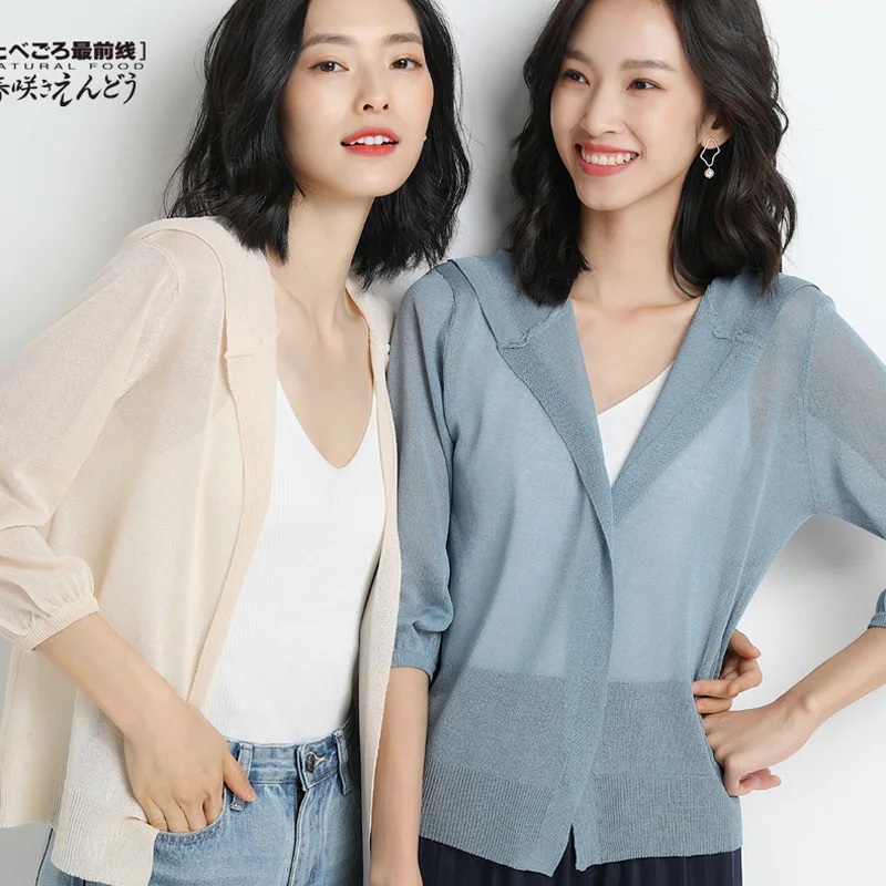 

Women Hooded Blouses Summer 2019 New Korean Thin Linen Knitted 3/4 Sleeve Kimono Cardigan Cool Streetwear Sunscreen Shirt Tops