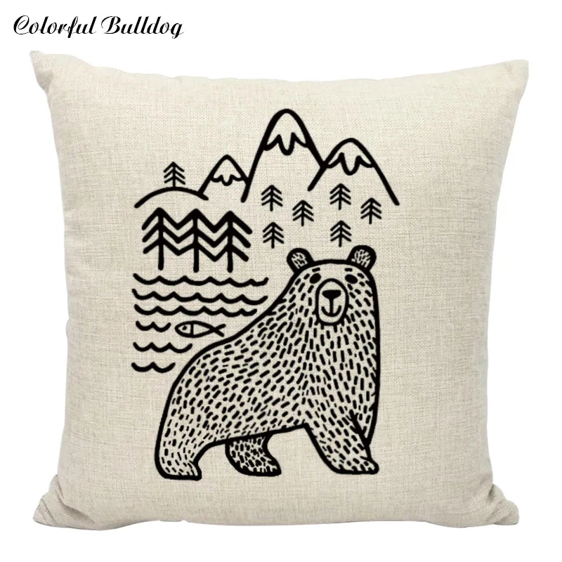 White Bear Cushion Covers Cotton Linen Square Decorative Throw Pillows