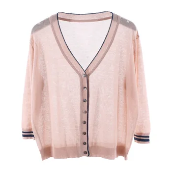 

2019 Thin Knitting Cardigan V Lead Three Quarter Sleeve Flax Sunscreen Short Loose Coat Women