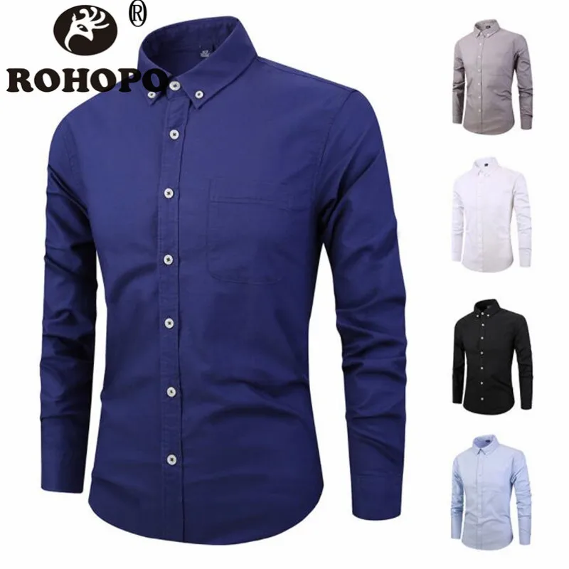 

Men Solid Cotton Slim Shirt 2019 Long Sleeve Chest Pockets Business Man Washed Cotton Under Clothe Brand Male Quality Shirts