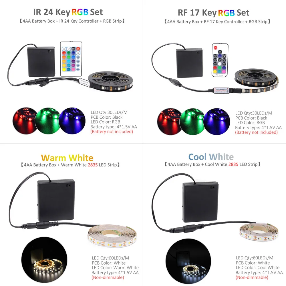 RGB Светодиодная лента на батарейках, Светодиодная лента Tira e 5 V, регулируемая водонепроницаемая, на батарейках, с дистанционным управлением, для кемпинга, декоративная лампа