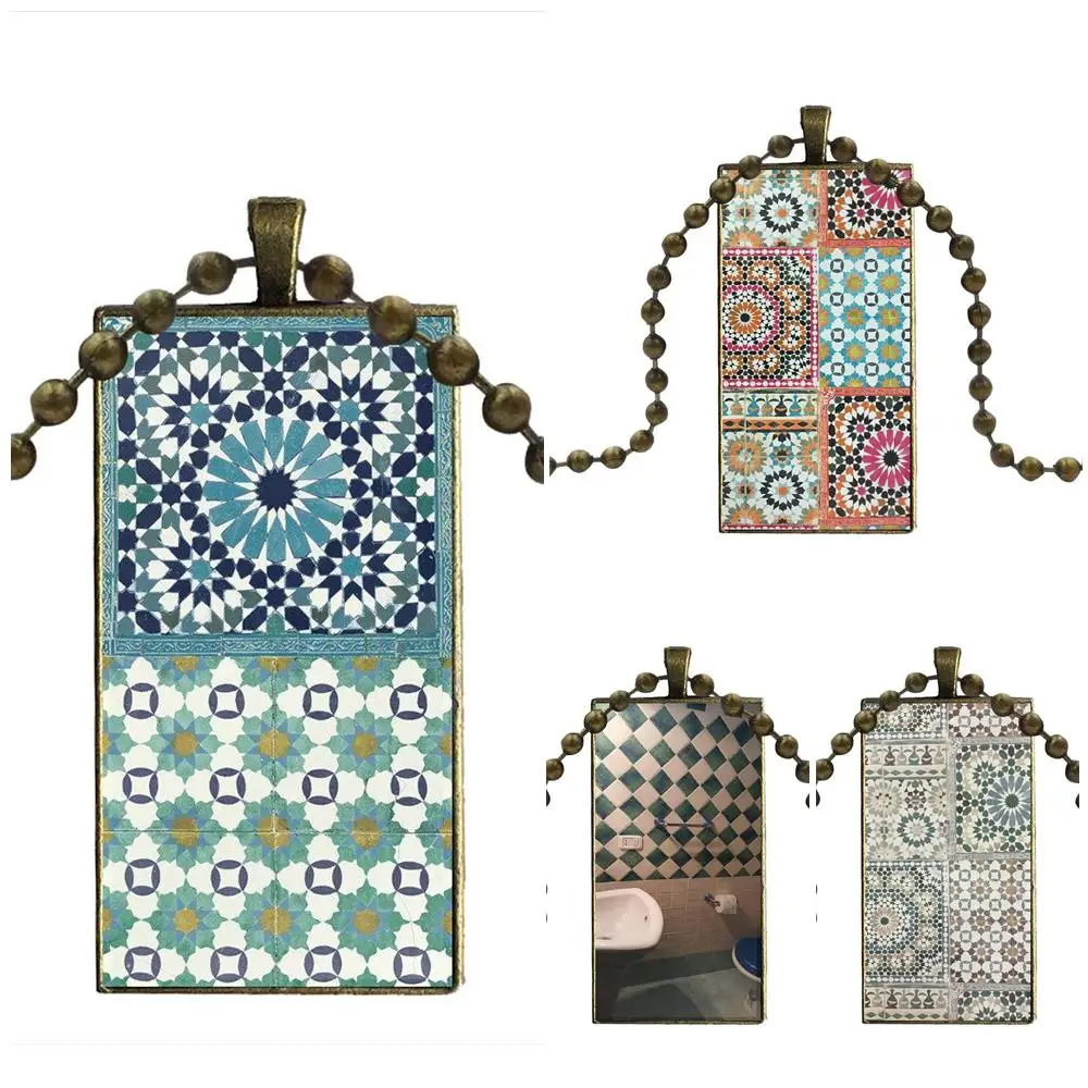 

Glass Pendant Necklace Handmade Half Pendant Rectangle Necklace For Woman Vintage Statement Art Decorative Moroccan Tile