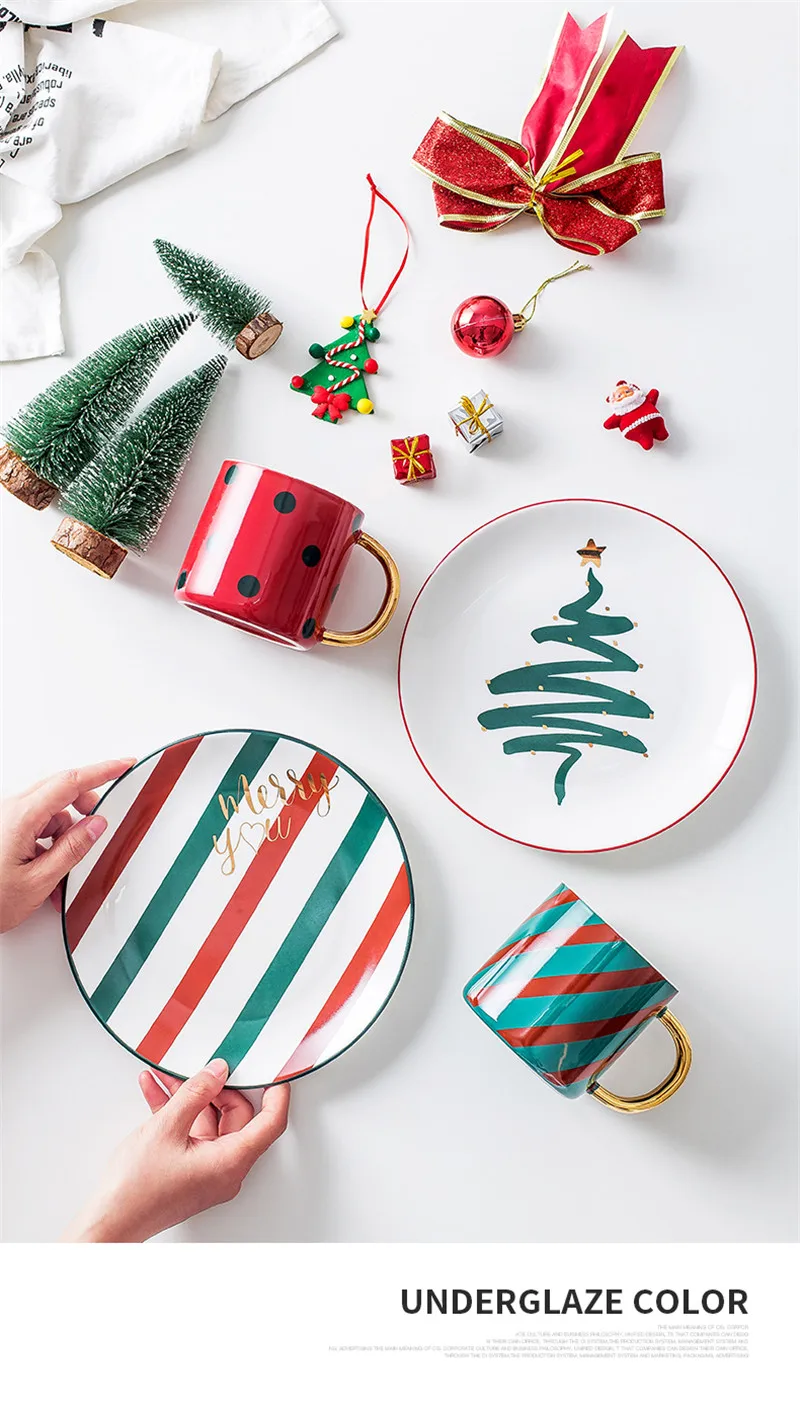 Рождественские Веселые чашки и тарелки, плоский поднос для стейка, Рождественская кружка, инновационная десертная тарелка, домашние основные тарелки, Очаровательная посуда