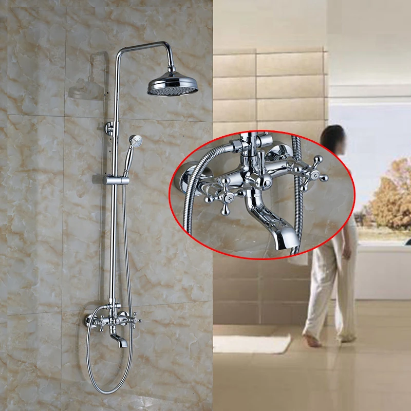 Chrome Dual Handles Rain Shower Faucet Set W/ Hand Shower Tub Spout Mixer Tap