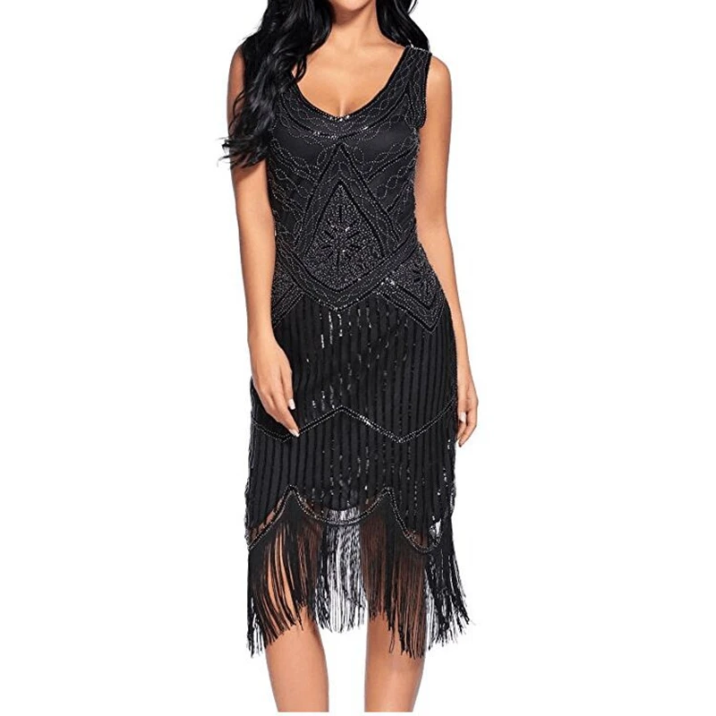 

Women's Retro 1920s Great Gatsby Dress Vintage V Neck Fringe Hem Art Deco Tassels Sequined Cocktail Flapper Party Dress Size 4xl