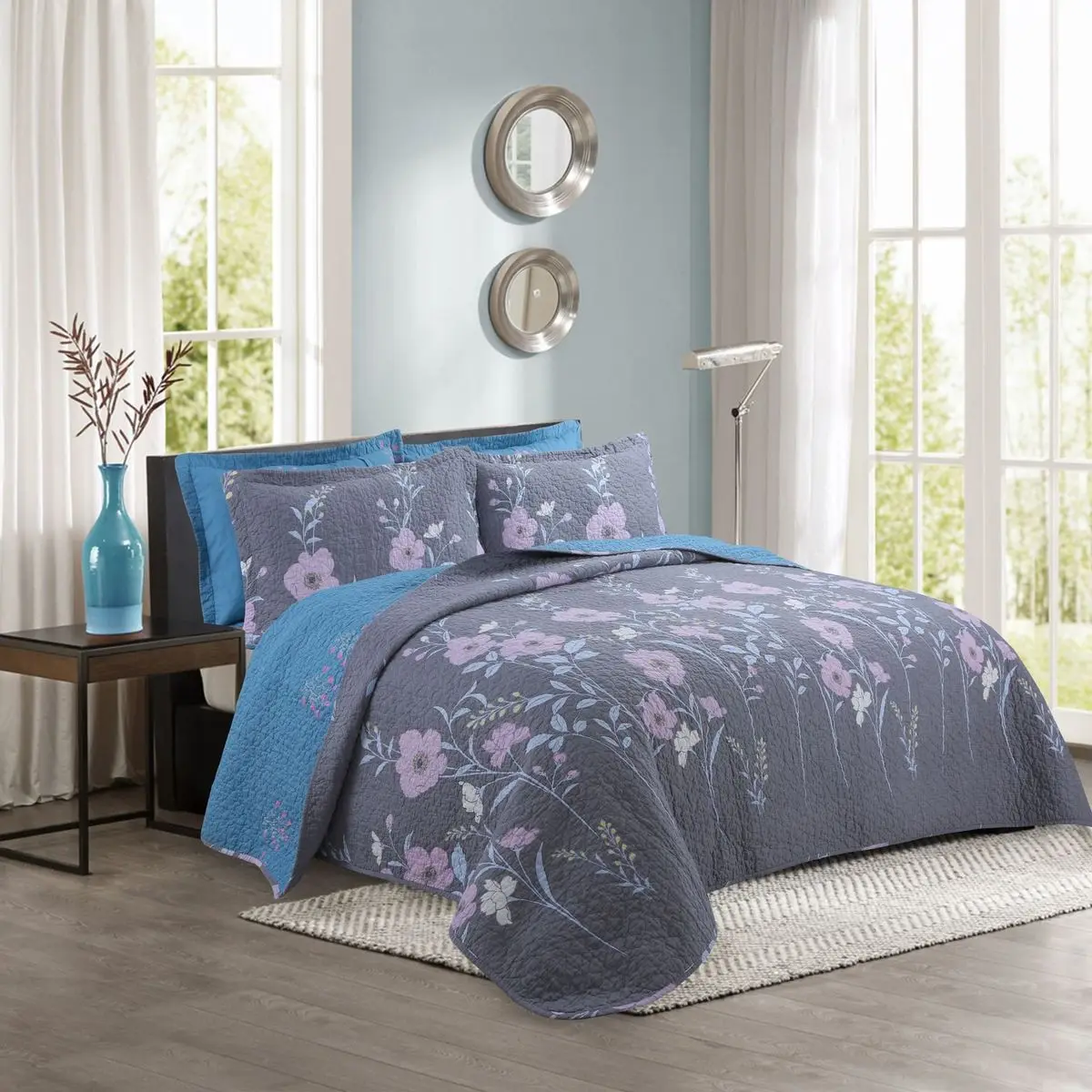 DeMissir Grey Flowers Print Cotton Quilt 3pcs Set Summer Thin Comforter