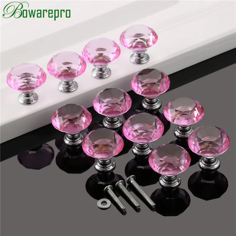 bowarepro Diamond Crystal Glass cabinet handle kitchen furniture hardware door handle furniture accessory 30mm 12pc+36Pcs Screws