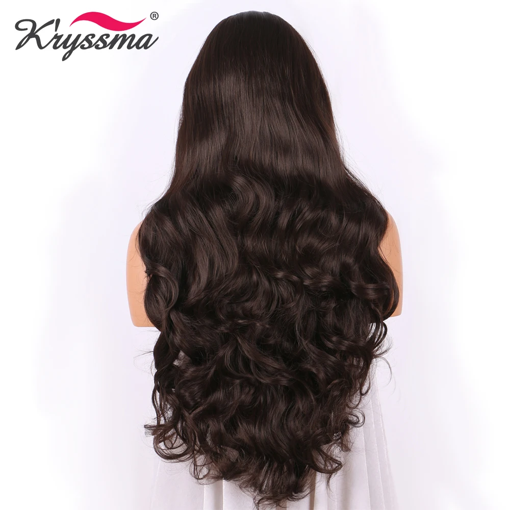 K'ryssma Dark Brown Synthetic Lace Front Wig Long Wavy Chestnut Wigs for Women With Baby Hair Glueless Natural Color Hair Wigs