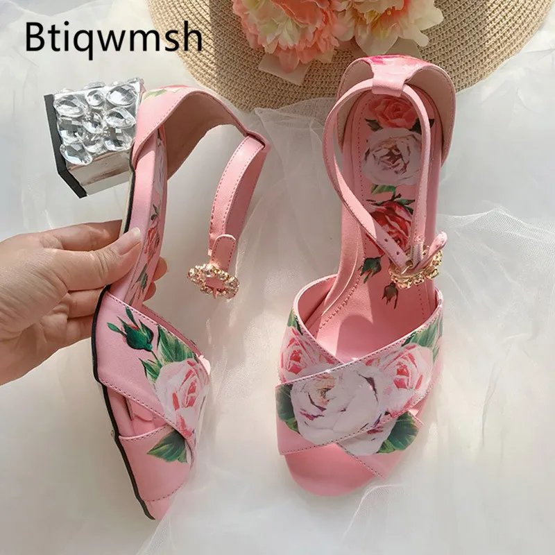 

2019 Rose Flower Gladiator Sandals Woman Peep Toe Rhinestone Ankle Strap High Heel Shoes Woman Fashion Wedding Shoes