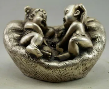 

Collectible Decorate Old Handwork Miao Silver Fairchild On Pillow Statue