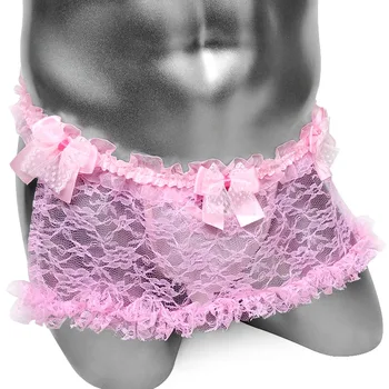 

Floral Lace Sissy Thong Panties With Bow Ruffled Waist Bulge Pouch for Men Sexy Lingerie Gay Underwear Lolita Men Underpants