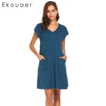 

Ekouaer Women Sleepwear V-Neck Short Sleeve Sleep Dress Solid Pocket Loose Fit Casual Female Nightgown Summer Nighties For Lady