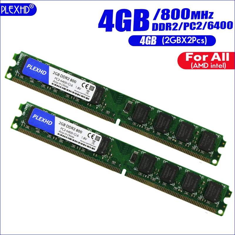 PLEXHD 4G 4 Гб(2GBX 2 шт) DDR2 pc2 6400 800 МГц для настольных ПК pc2-6400 ddr2 800 МГц(для intel amd) Высокая совместимость