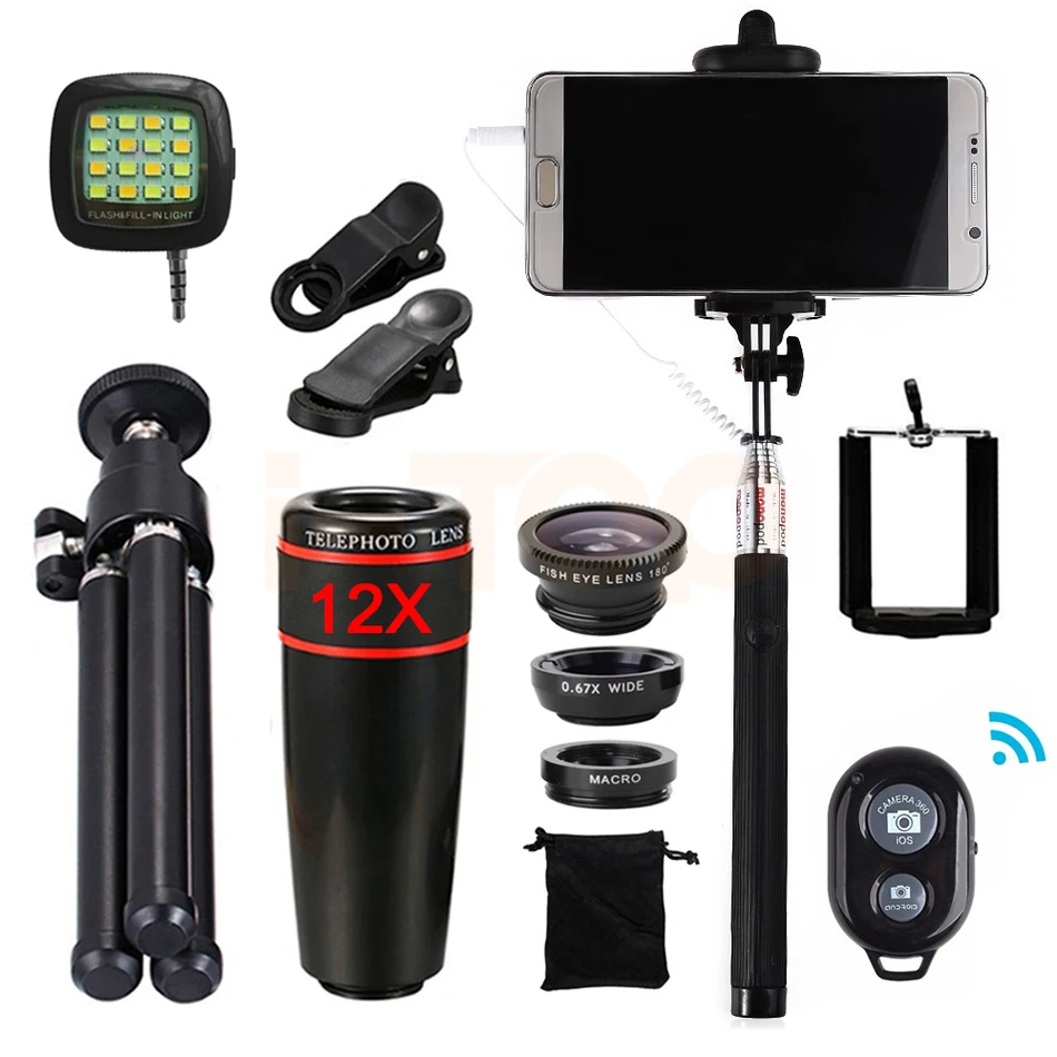 Все в 1 12X телеобъектив Fisheye Широкий формат макро Lentes для iPhone 6 7 смартфон сотовый