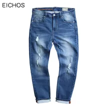 EICHOS Spring Summer Classic Jeans Men Fashion Hole Knitting Ripped Jeans Slim Light Blue Stretch Mens Jeans Large Size 30-52