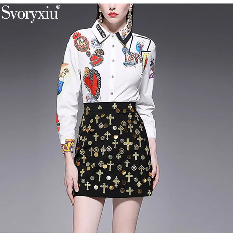 

Svoryxiu Runway Custom luxury Two Piece Set Women's Long Sleeve Print White Blouse + Gold Line Embroidery Skirts Skirt Suit