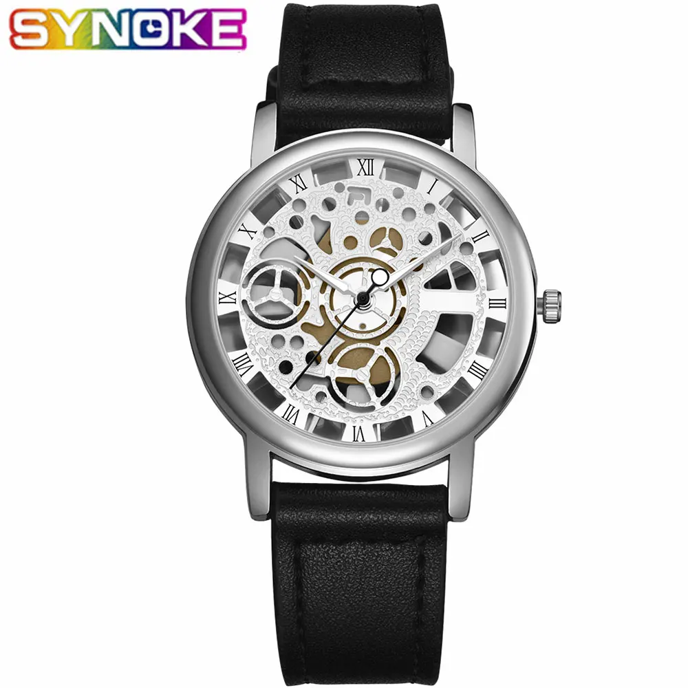 

SYNOKE Men Quartz Watches Fashion Hollow-Carved Design Sweeping Seconds Wrist Watches Imitate Mechanical Watch Men Belt Watch
