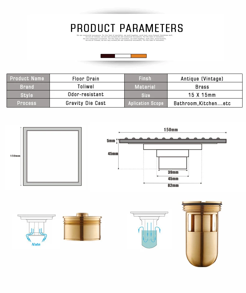 15 x 15 Square Bathroom Shower Drain Floor Drain Trap Waste Grate Antique Brass Grid Drain