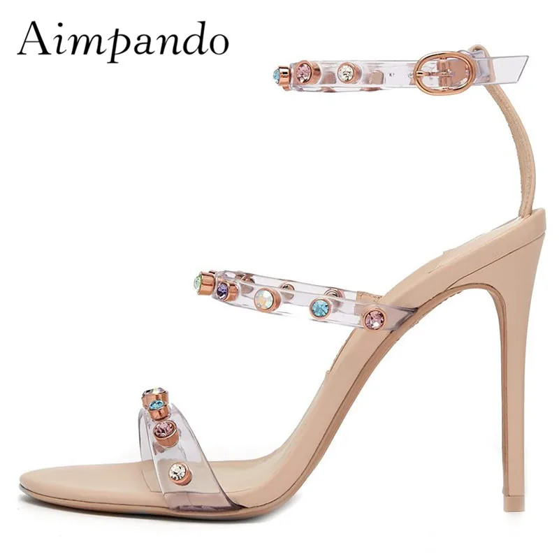 

Sexy Gladiator Sandals Woman Open Toe Mixed Color Rhinestone Rivet High Heel Shoes Women Fashion Party Shoes