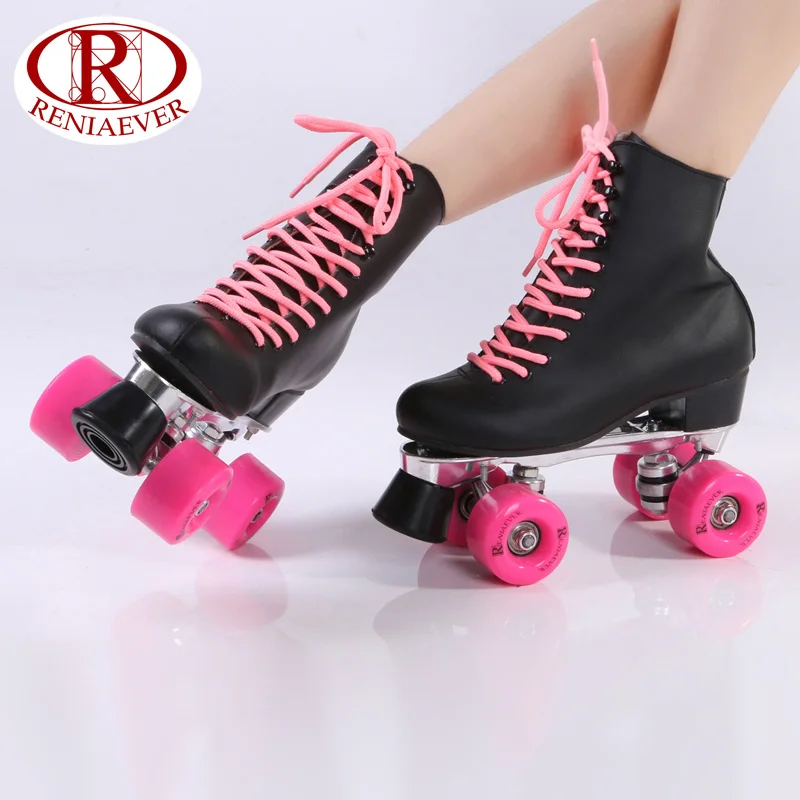 Double row roller skate leather black high boot pink wheels skating
