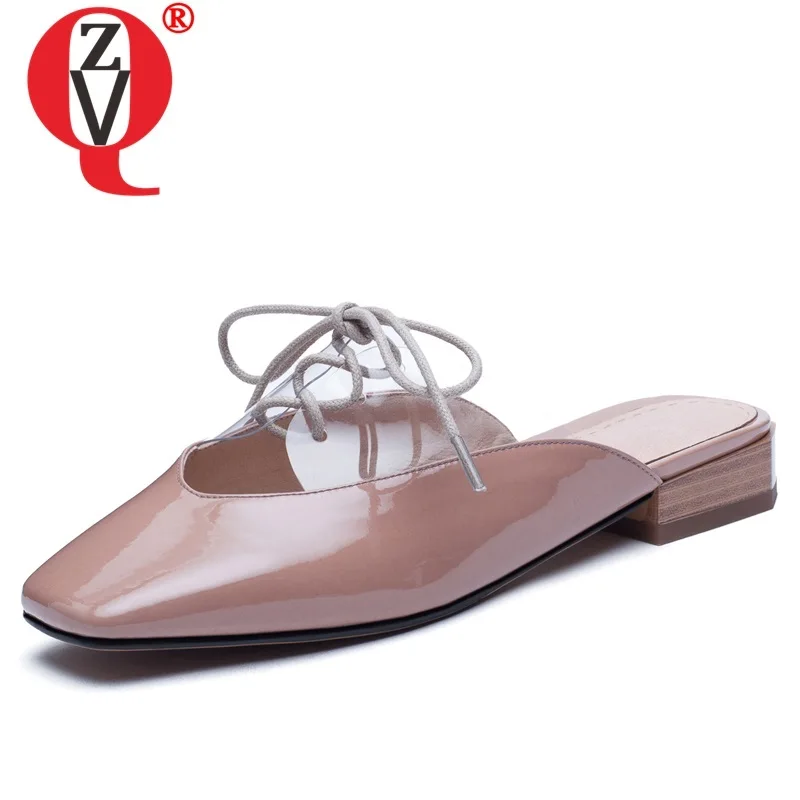 

ZVQ shoes woman 2019 summer new concise casual med square heels cross-tied woman slippers outside handmade genuine leather shoes