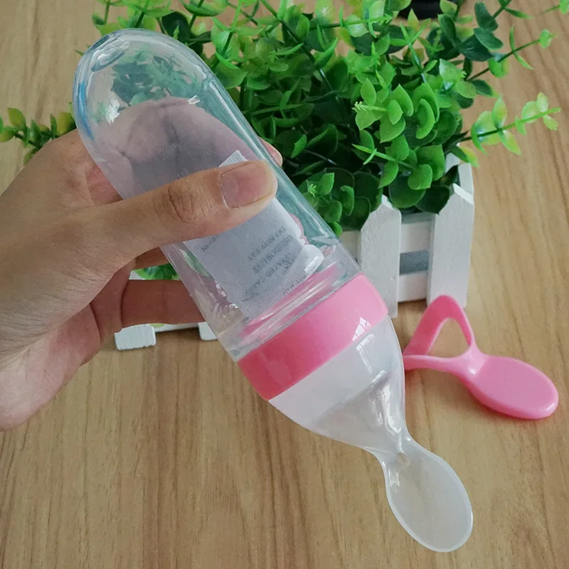 

Rosiky Infant Baby Silica Gel Feeding Bottle With Spoon Rice Cereal Spoon Bottle Training Feeder 90ml