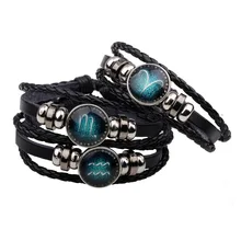 12 Zodiac Signs Bracelet 12 Constellation Mens Bracelets beaded Handmade Charm Leather Bracelet Punk Rock Men Jewelry