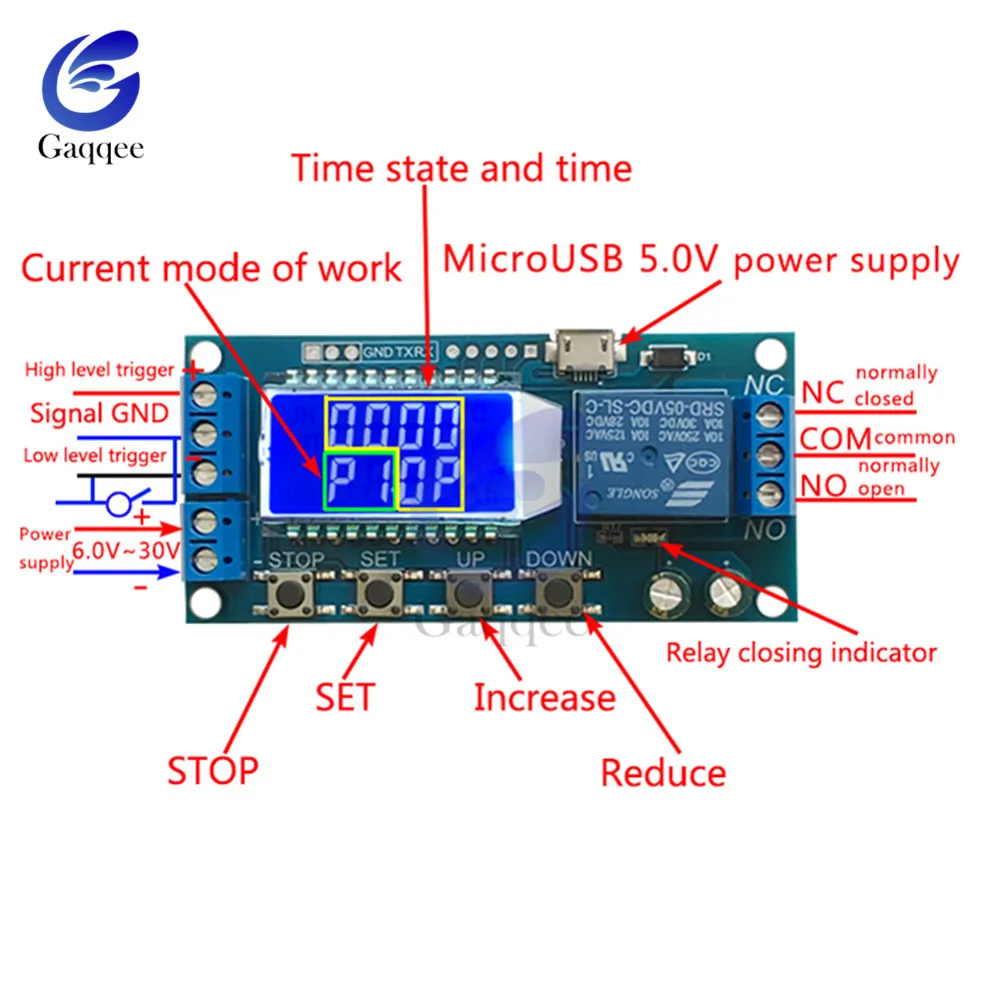 Micro USB цифровой ЖК-дисплей задержки времени релейный модуль постоянного тока 6-30 в управление многофункциональный таймер курок переключателя модуль цикла платы 12 В