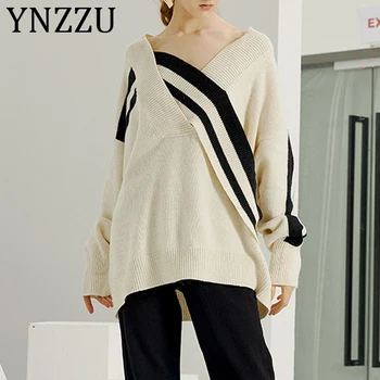 

YNZZU European Style 2019 Winter Clothes Women Chic V Neck knitted Loose Sweater Women Oversized Female Pullover Jumper AT288